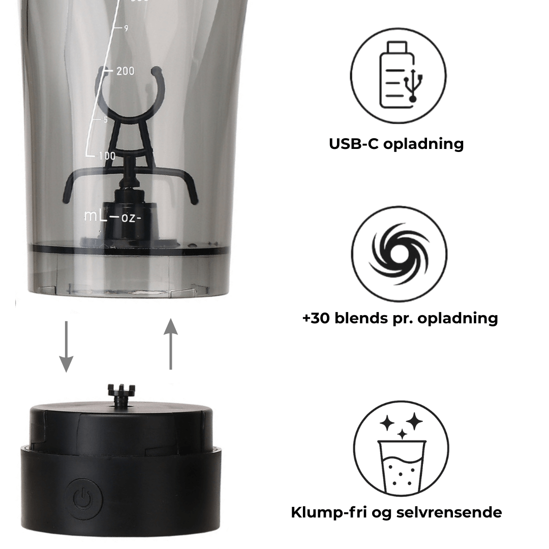Den elektriske smart shaker er udstyret med en aftagelig motor, usb-s opladning, +30 blends pr opladning, klumpfri og selvrensense