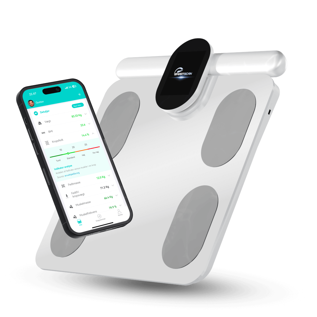 smartscanner pro i hvid med tilhørende app (fitdays). Det ultimative værktøj til at tracke ens sundhedhed via målinger som fedtprocent, muskelmasse, BMI, kropsalder og meget mere