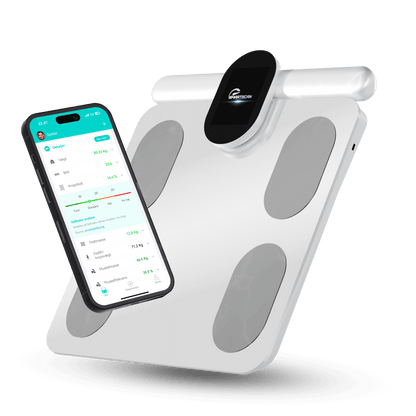 smartscanner pro i hvid med tilhørende app (fitdays). Det ultimative værktøj til at tracke ens sundhedhed via målinger som fedtprocent, muskelmasse, BMI, kropsalder og meget mere