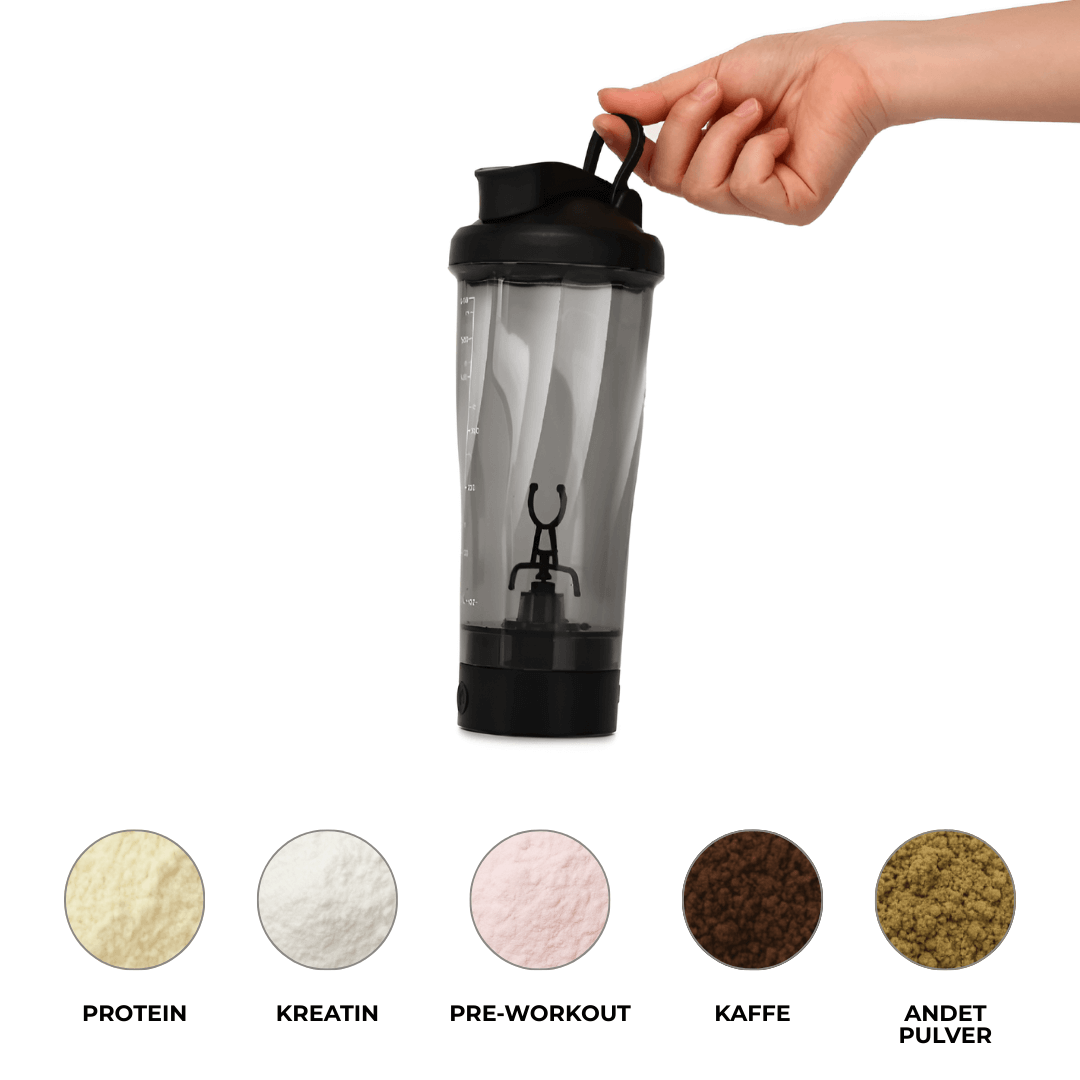 Vores elektriske smartshaker er udført i et elegant design og kan mixe protein, kreatin, pre-workout, kaffe og andre typer pulver. 