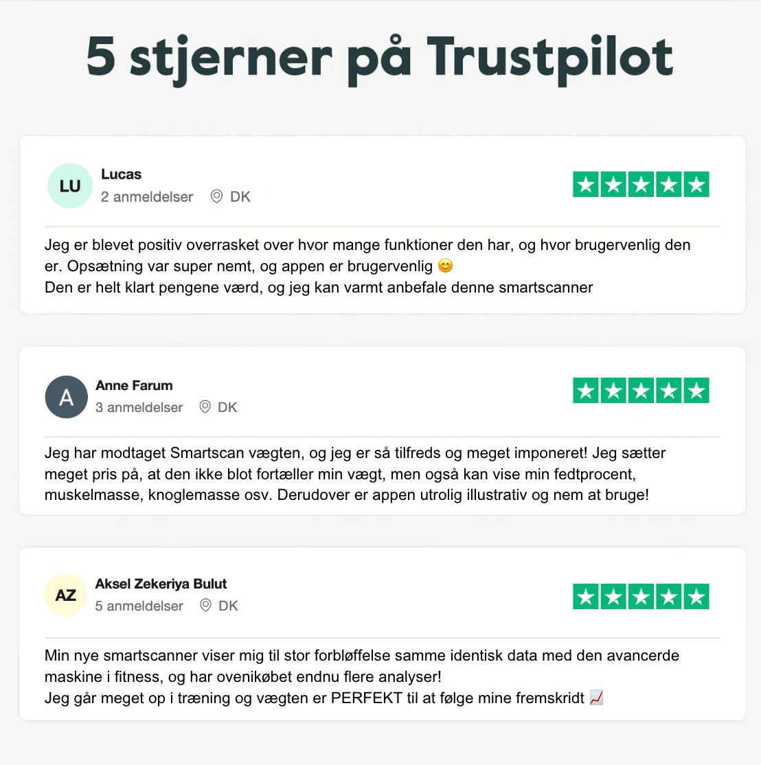 3 trustpilot anmeldelser der illustrer hvor tilfredse vores kunder er med Smartscanner pro og dens mange funkioner