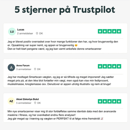 3 trustpilot anmeldelser der illustrer hvor tilfredse vores kunder er med Smartscanner pro og dens mange funkioner